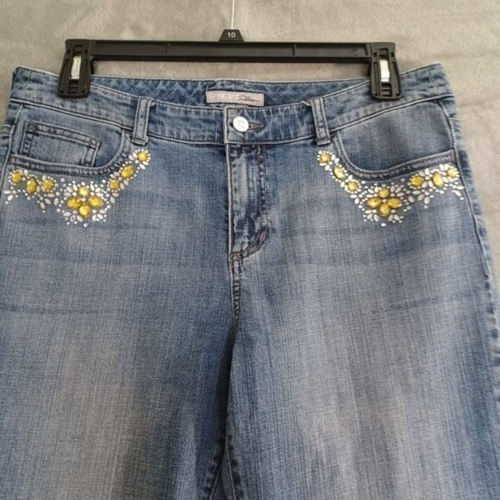 Chicos‎ Platinum Jeans Sz 12x29 High Waist Rhinestones Embellished Straight Leg